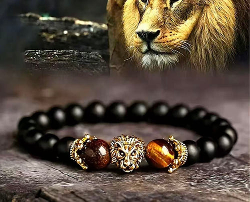 Lion King black obsidian and tiger eye bracelet with gold lion charm